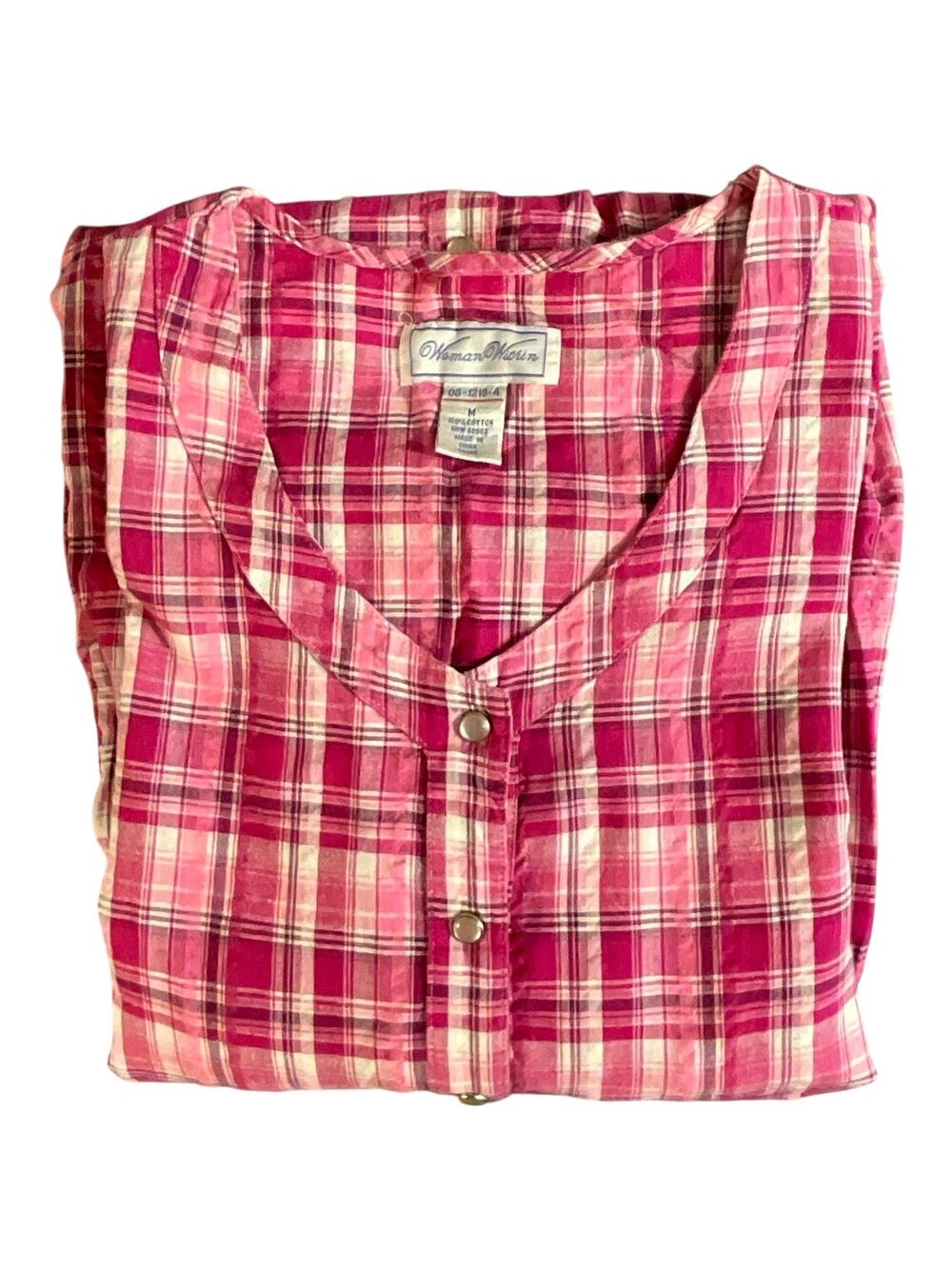 Women's Y2K Women Within Sz M Seersucker Pockets Pearlsnaps Dress Pink Plaid